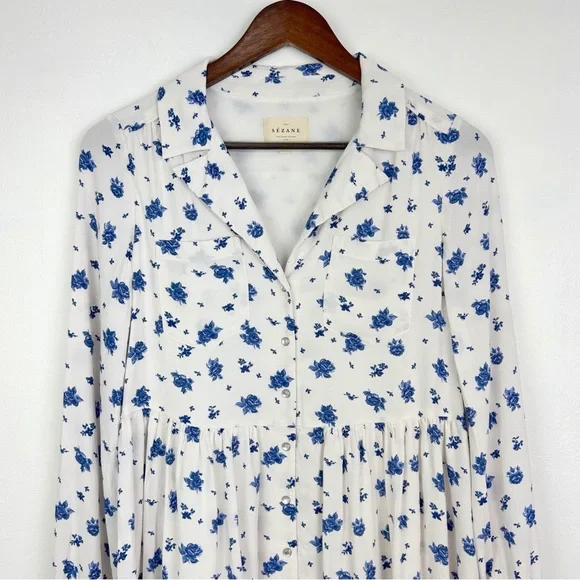 Sézane Aurora Mini Dress in Roses Bleues Floral Long Sleeve Prairie - Picture 3 of 15